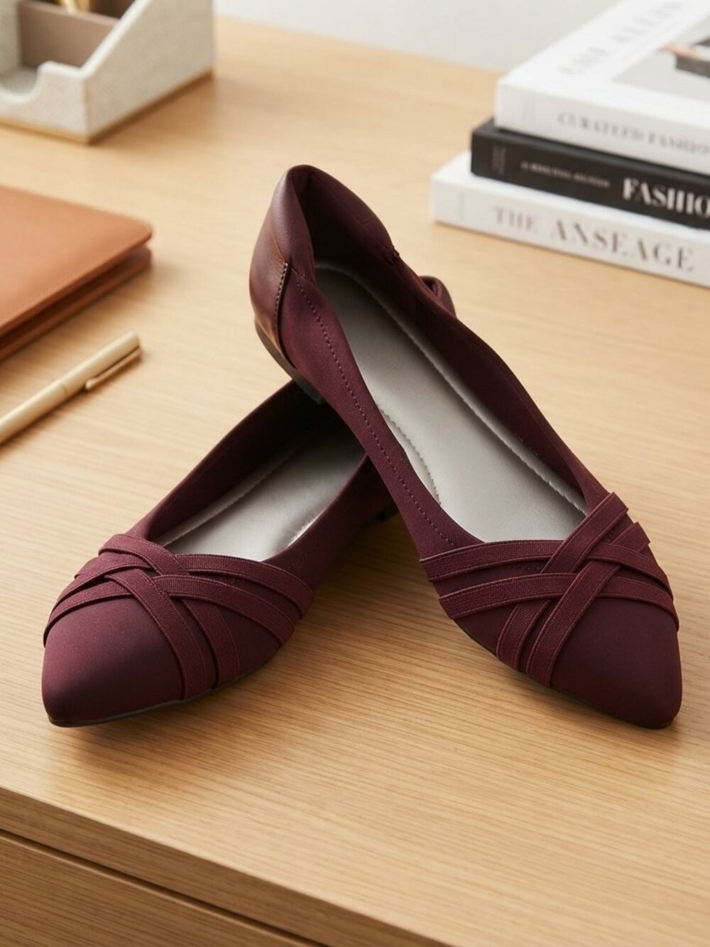 Anne Klein Sport Burgundy Crisscross Pointed Toe Flats 10 Workwear Office